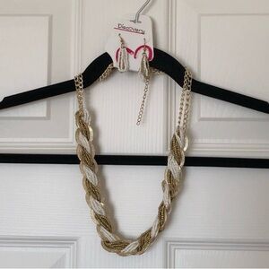 Discovery Gold and White Braided Necklace with Matching Earrings